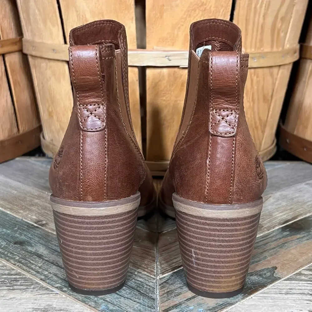 Timberland Brynlee Park Brown Leather Block Heel Pull On Ankle Boots Womens 11